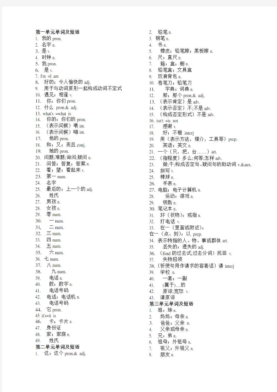 七年级上册英语单词默写及知识点归纳