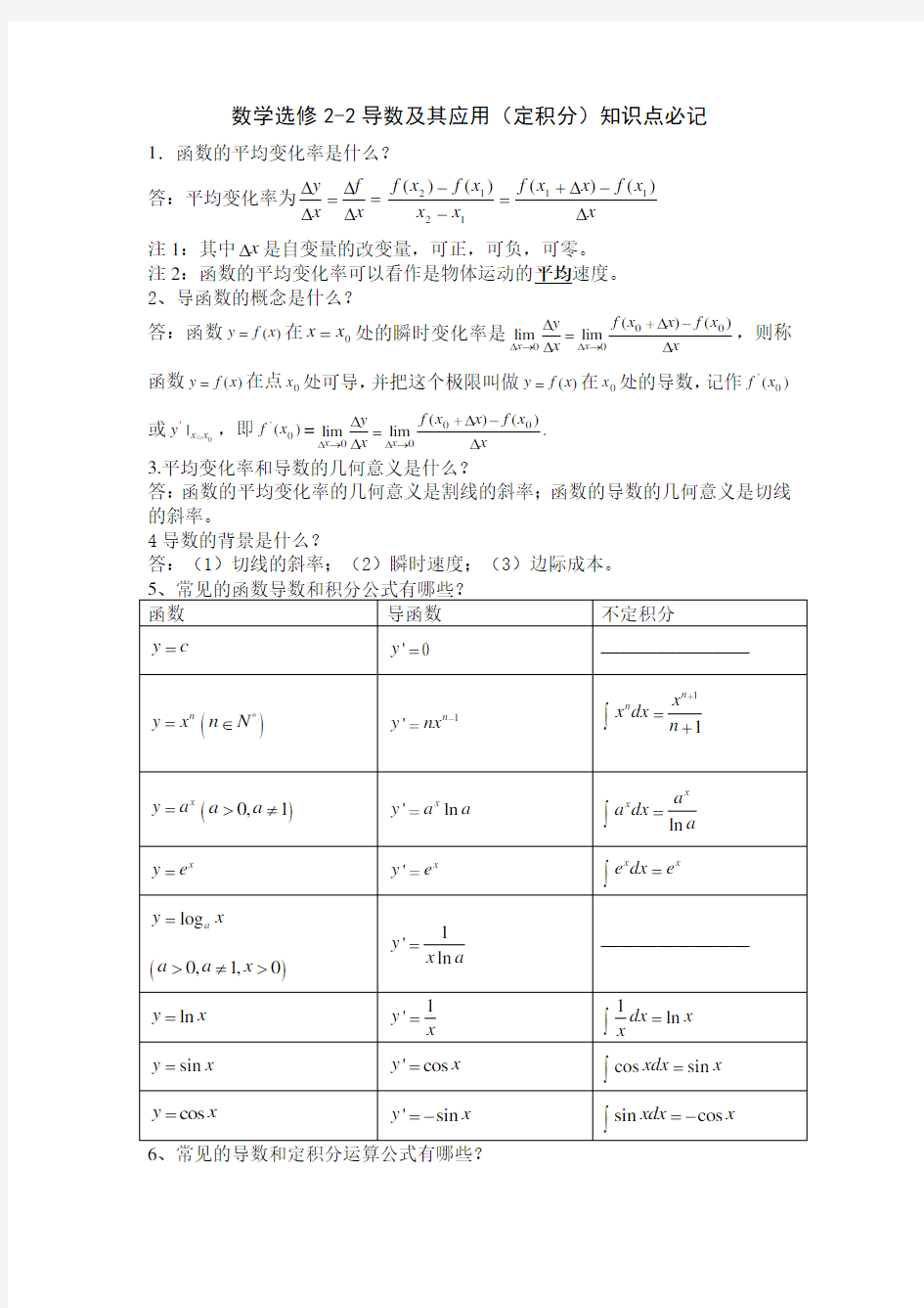 高中数学人教版选修2-2导数及其应用(定积分)知识点总结