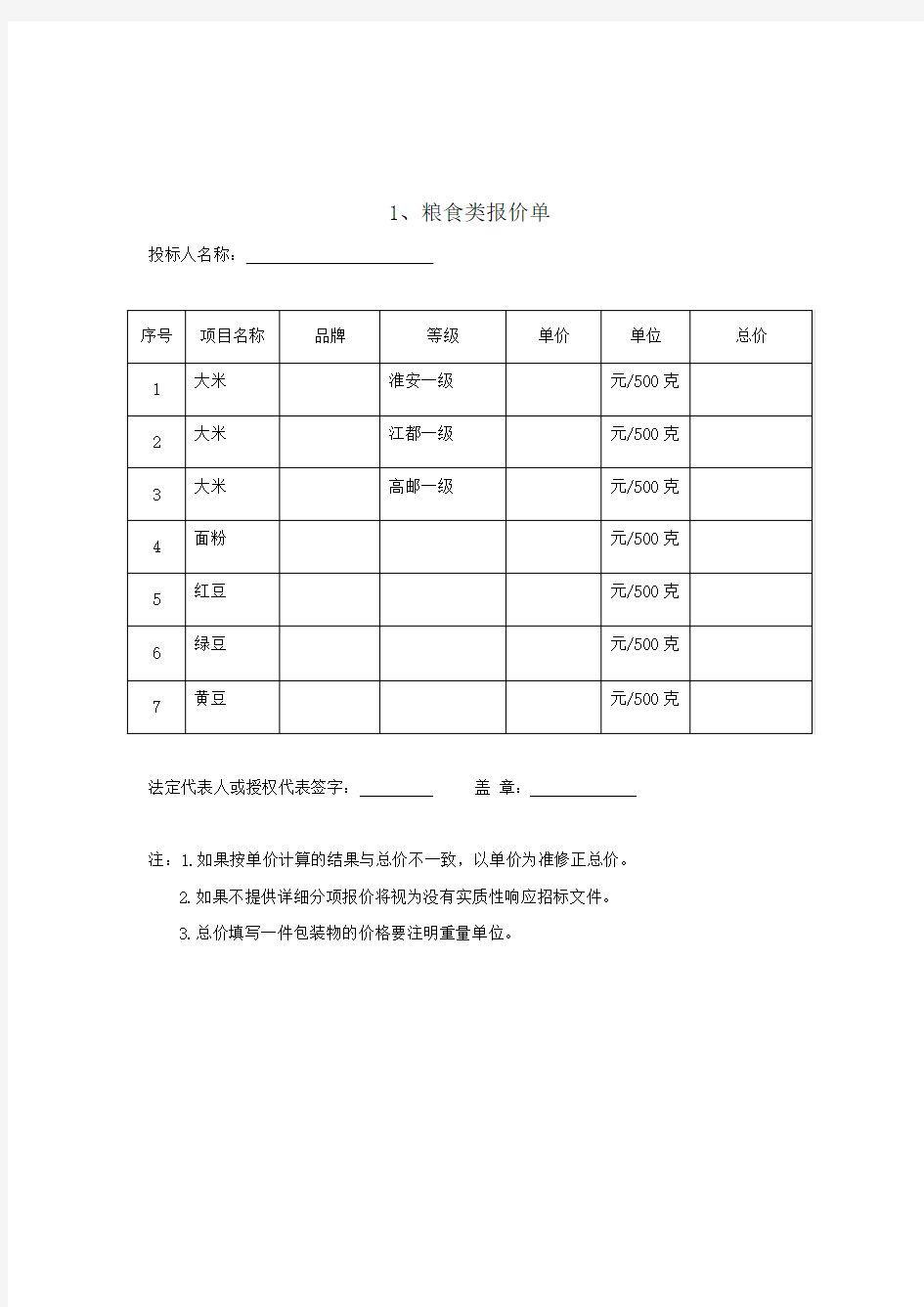 1、粮食类报价单