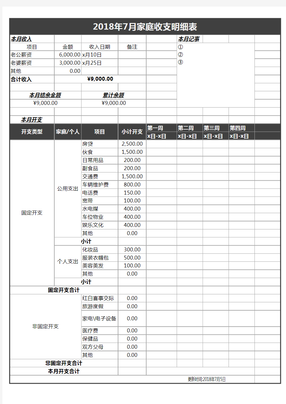 家庭开支明细表