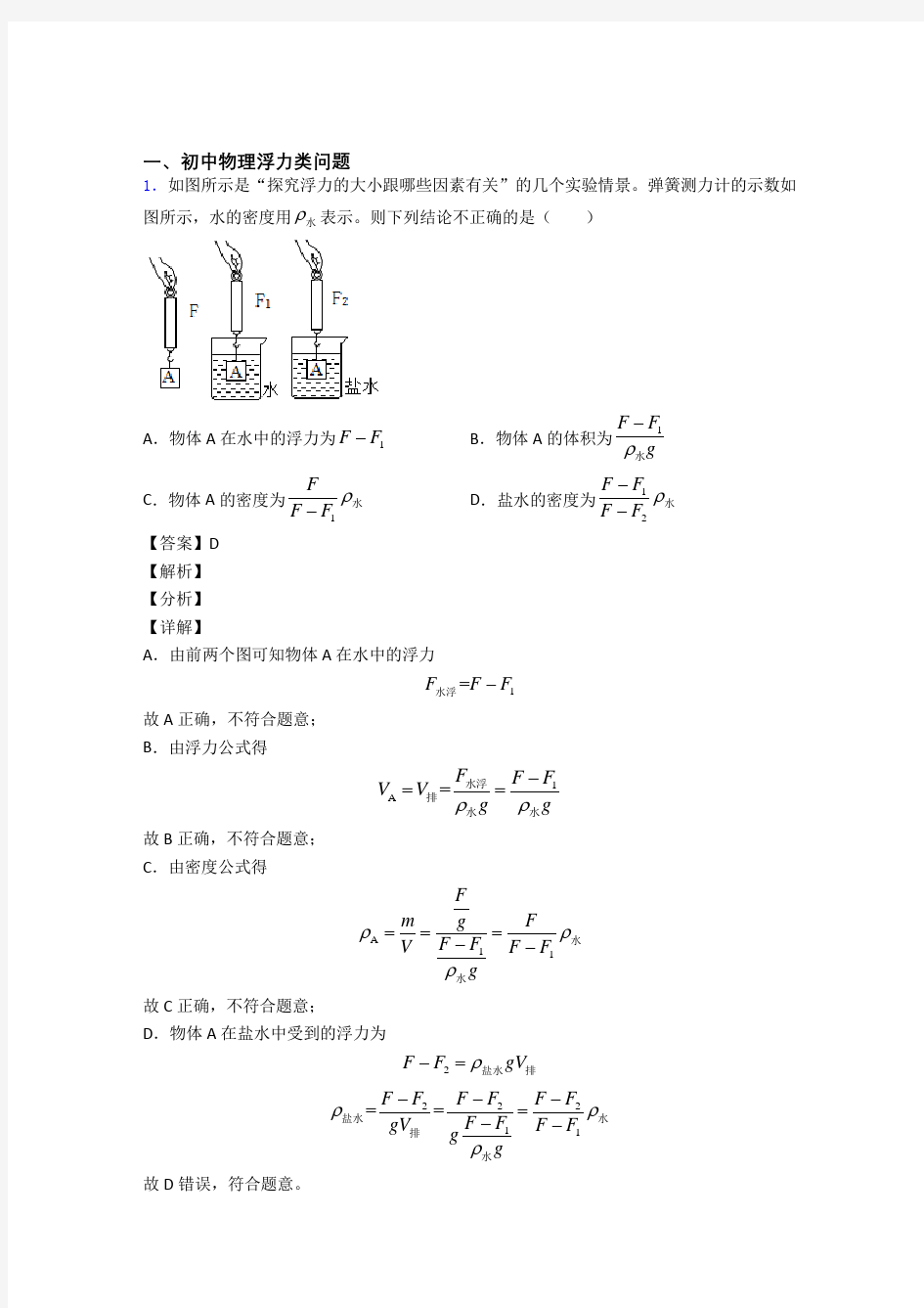 2020-2021中考物理与浮力类问题有关的压轴题附答案