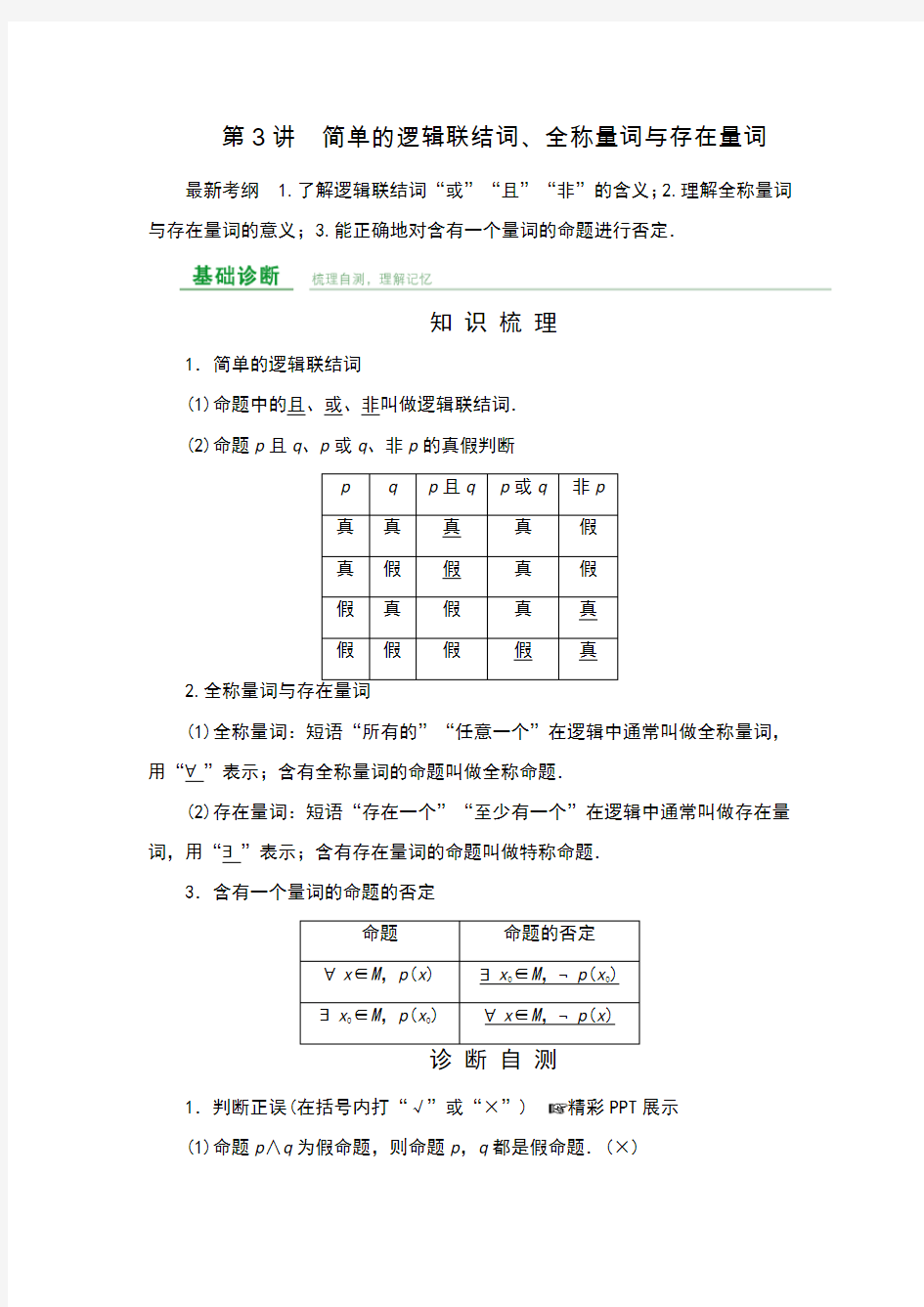 一轮复习简单逻辑连接词全称命题特称命题(含答案)