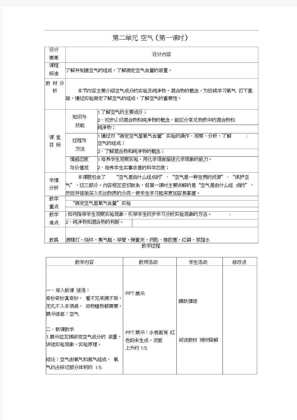 第二单元课题1空气-教案