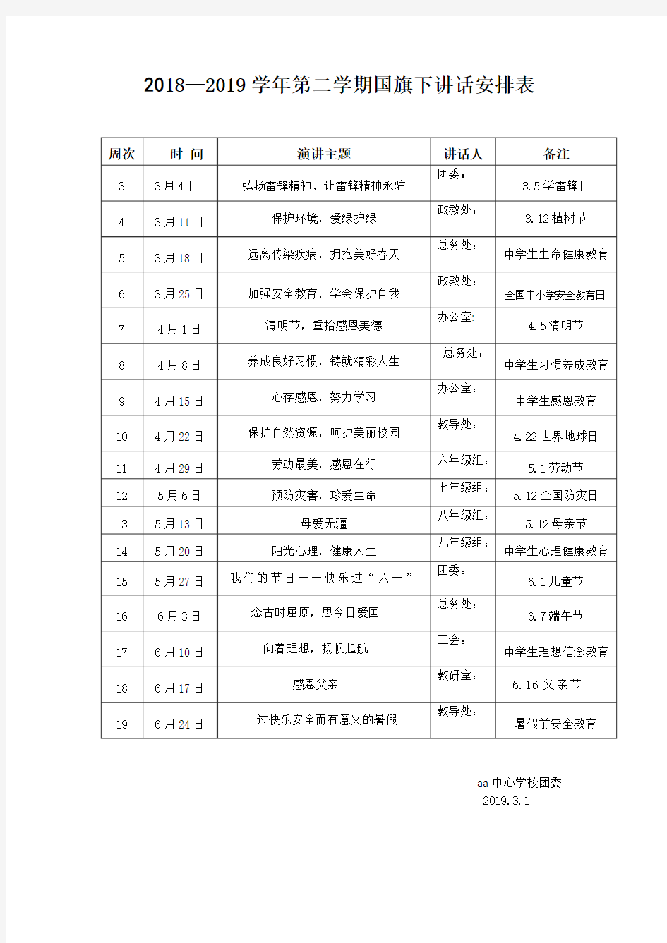 2019国旗下讲话安排