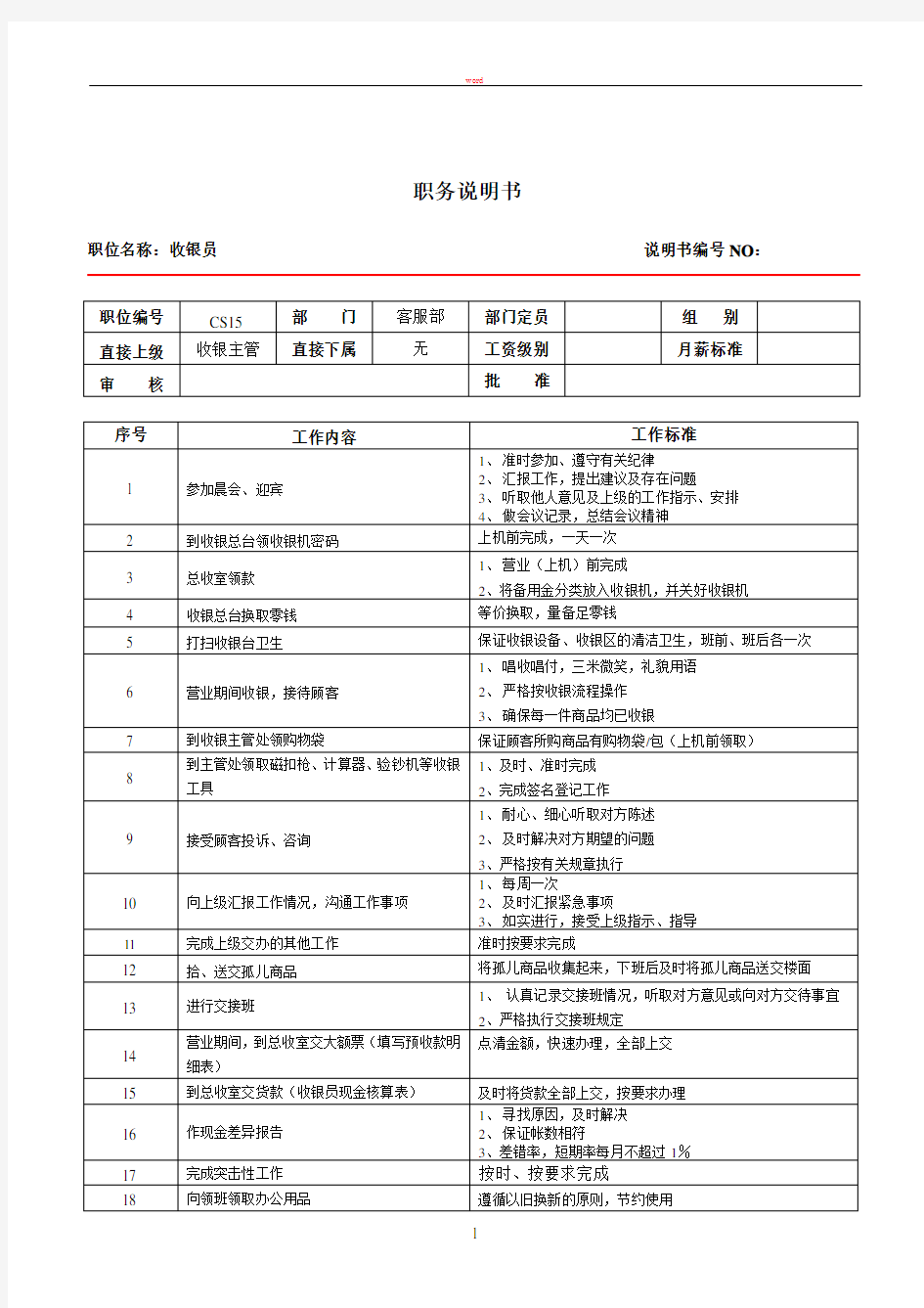 收银员岗位职责及任职标准