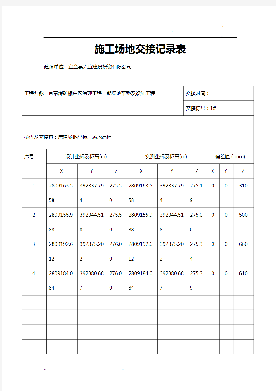 土石方施工场地交接记录表