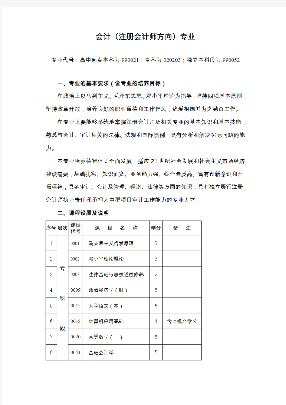 会计(注册会计师方向)专业