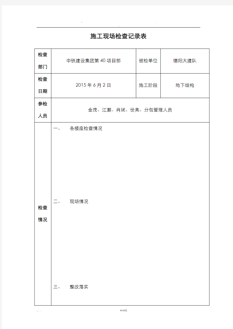 施工现场周检查记录表