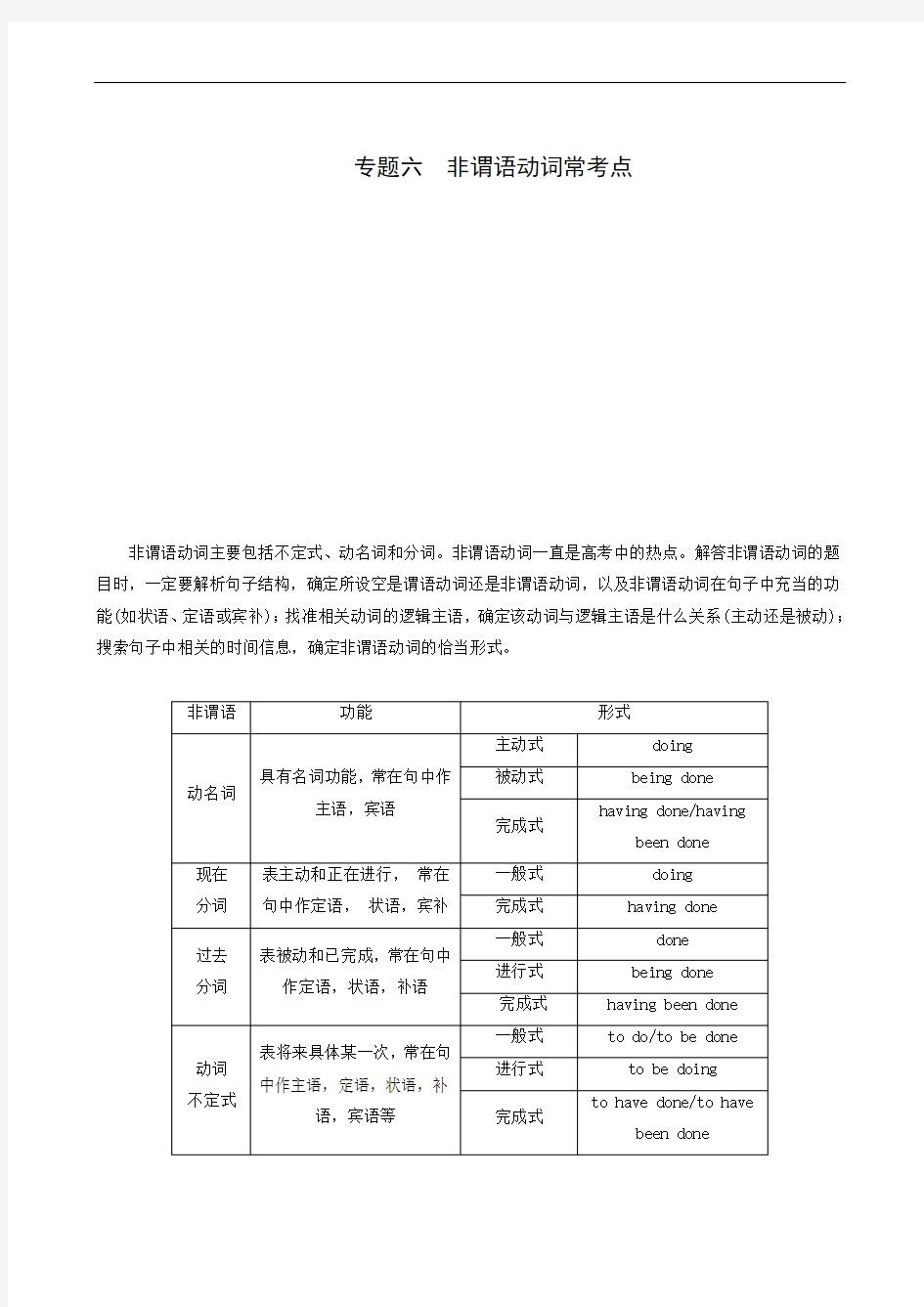 (江苏)2020高考复习：专题6 非谓语动词常考点