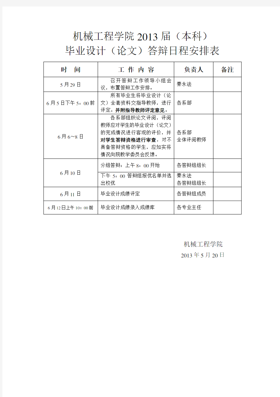 机械工程学院2013届本科毕业设计论文答辩日程安排表时间工