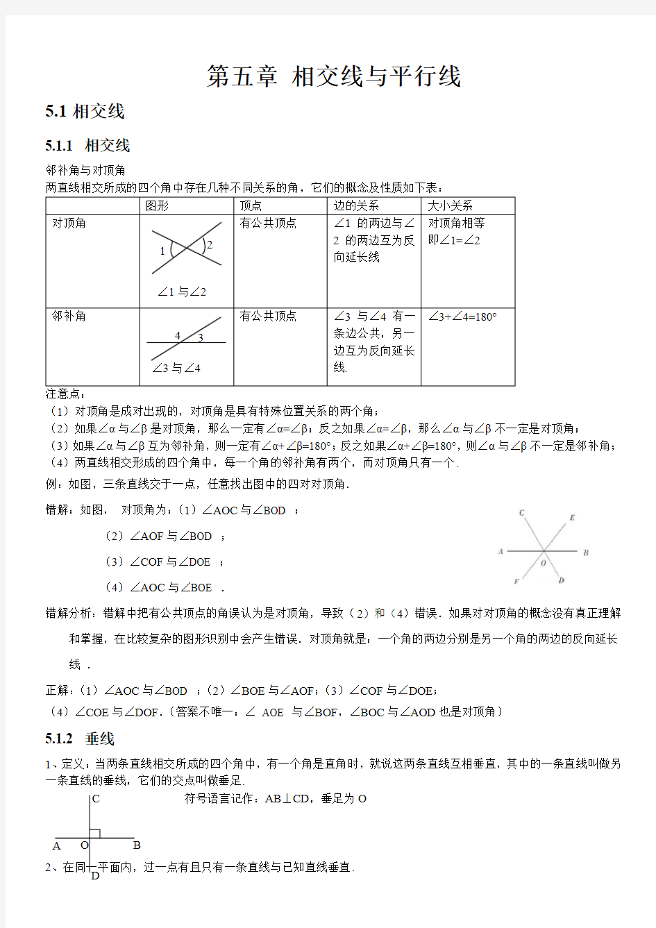 人教版数学七下第五章《相交线与平行线》知识点总结(打印)