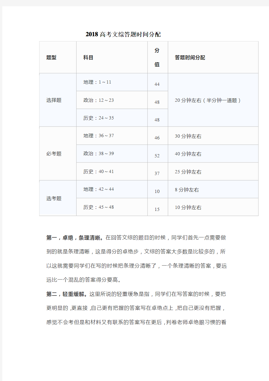 高考文综答题技巧经验时间分配