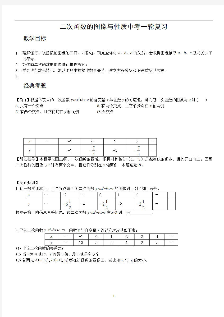 2020年中考一轮复习 二次函数的图像与性质 讲义