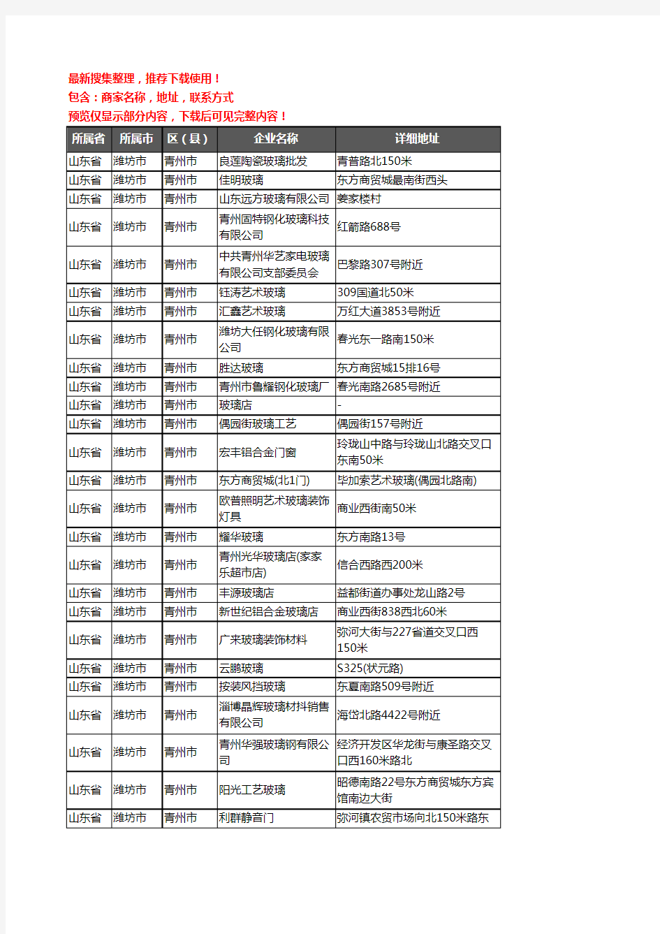 新版山东省潍坊市青州市玻璃店企业公司商家户名录单联系方式地址大全60家