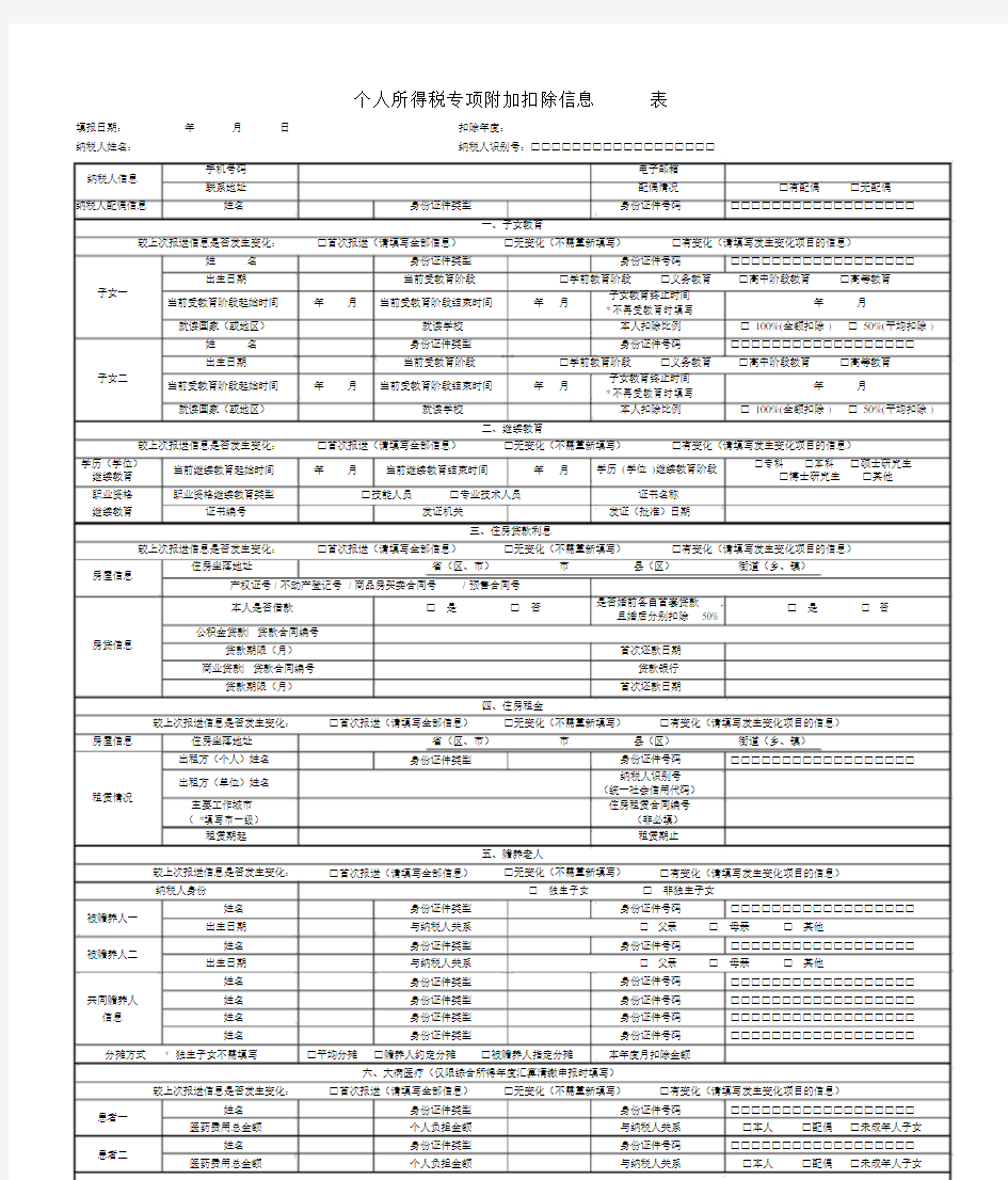 个人所得税专项附加扣除信息表