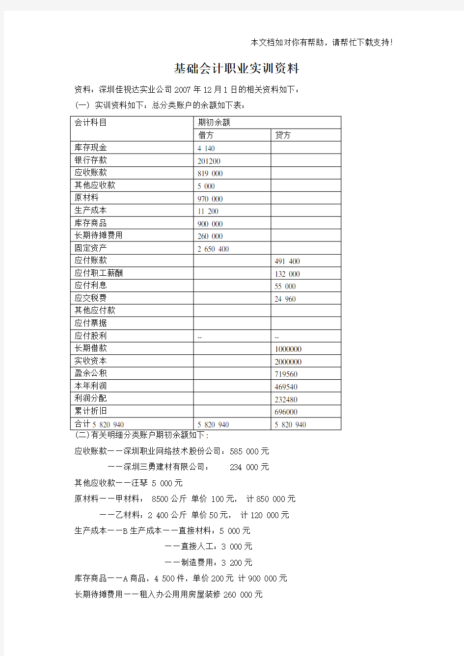 基础会计实训资料及答案