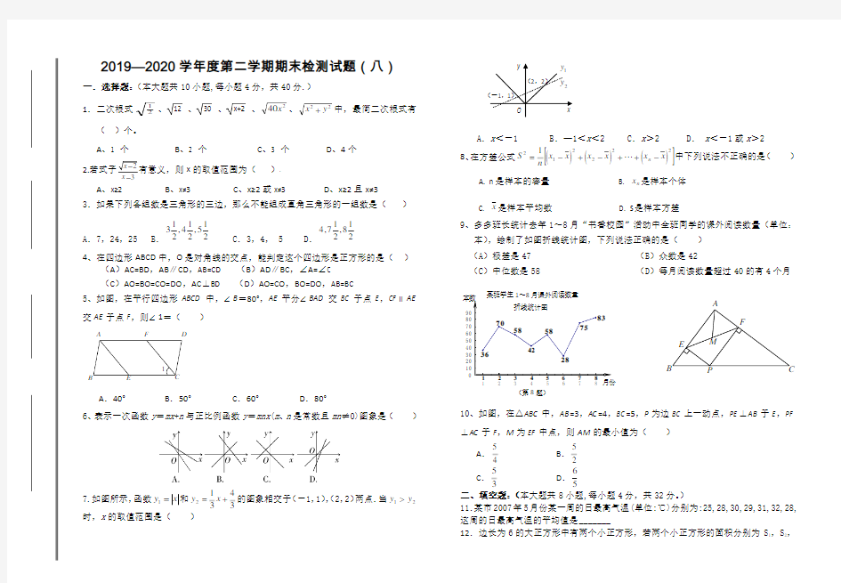 人教版八年级下册数学期末测试题(八)