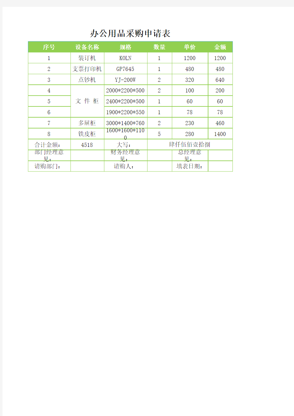 办公用品采购申请表