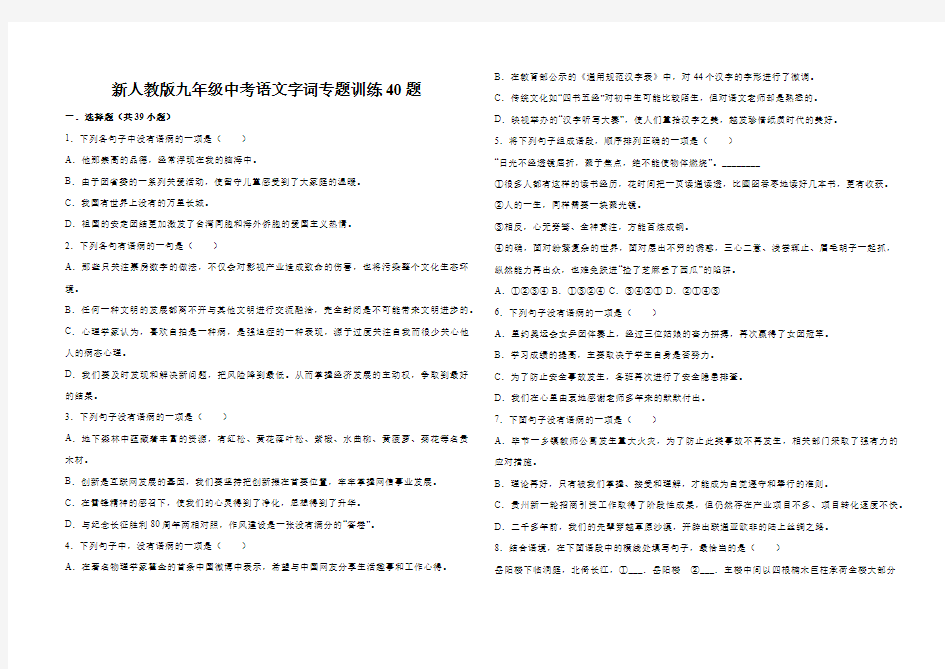 新人教版九年级中考语文字词专题训练40题