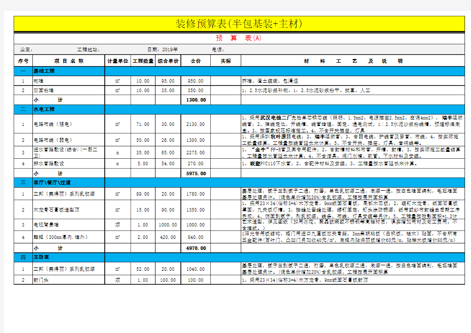 2020年本月更新装修预算表(半包基装 主材)