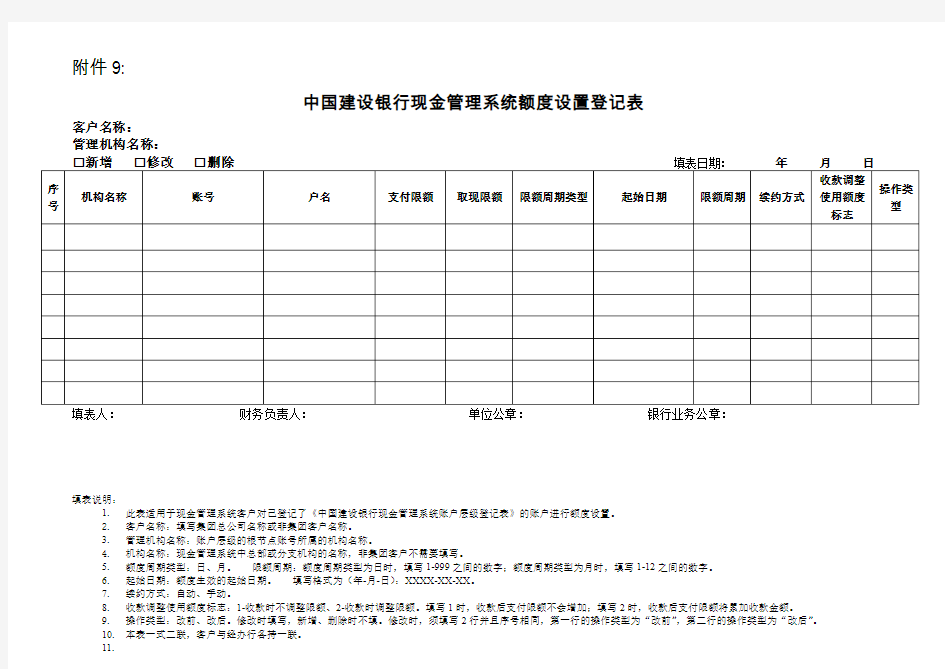 中国建设银行现金管理系统额度设置登记表