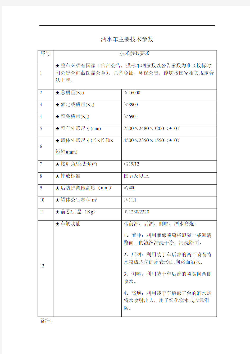 洒水车主要技术参数