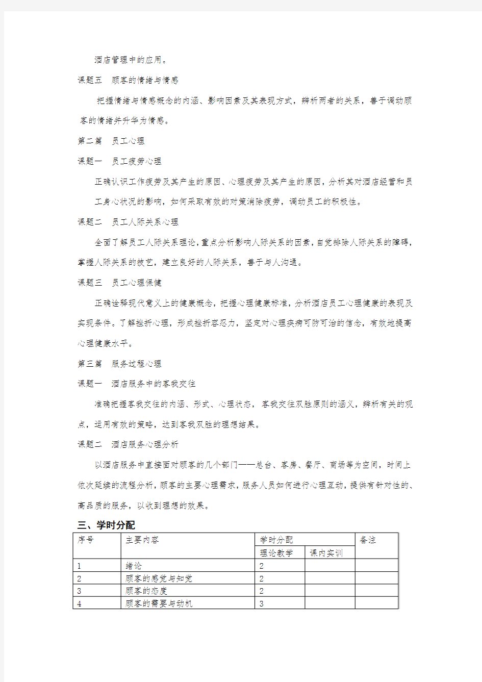 《酒店管理心理学》课程标准