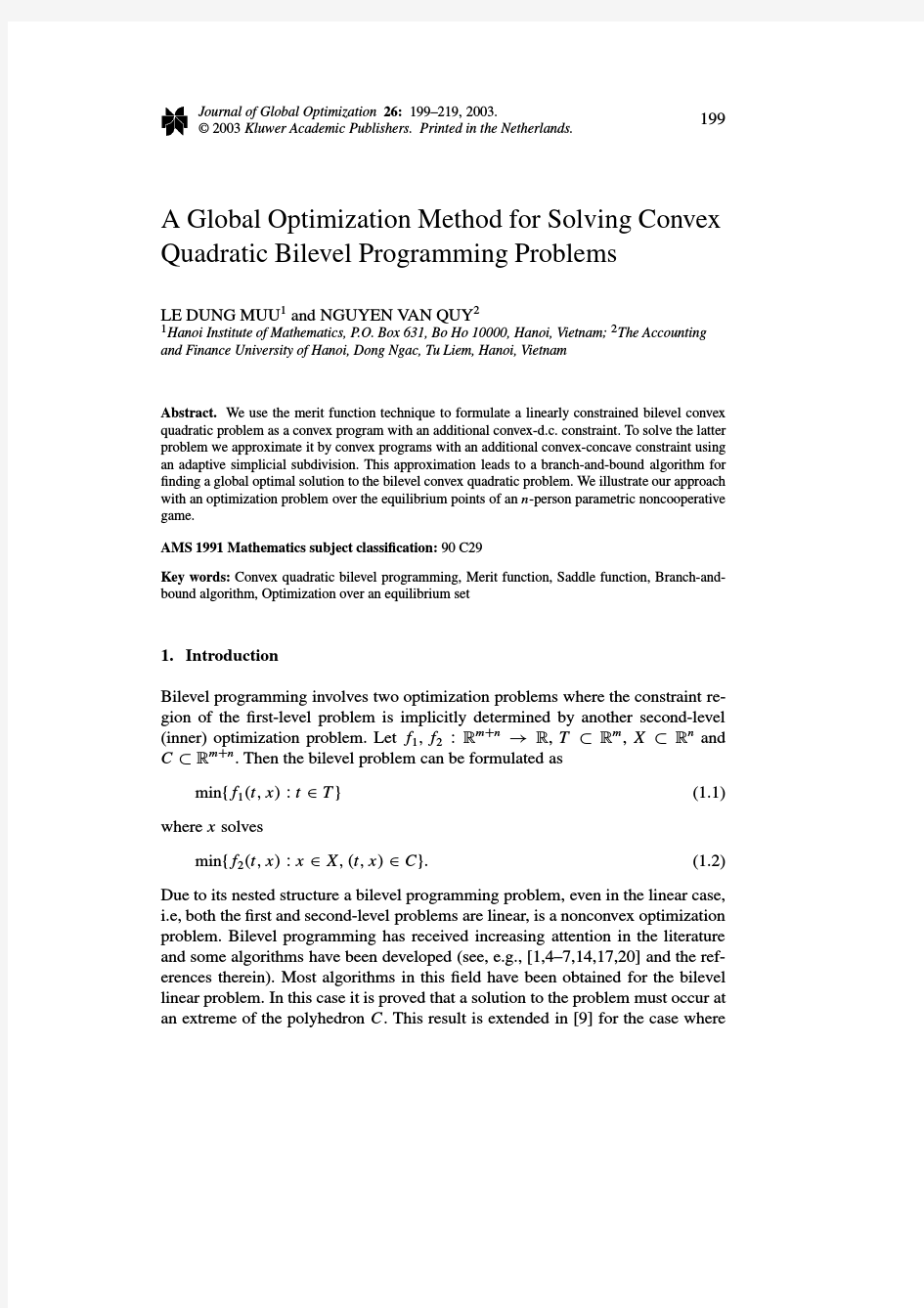 双层凸优化问题A Global Optimization Method for Solving Convex