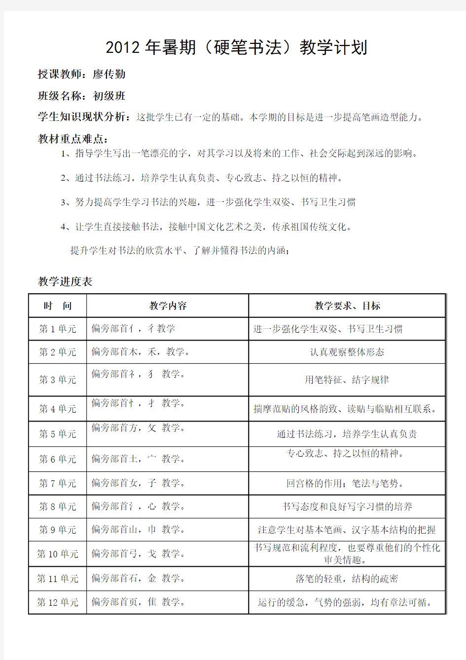 硬笔书法(初级班)教学计划