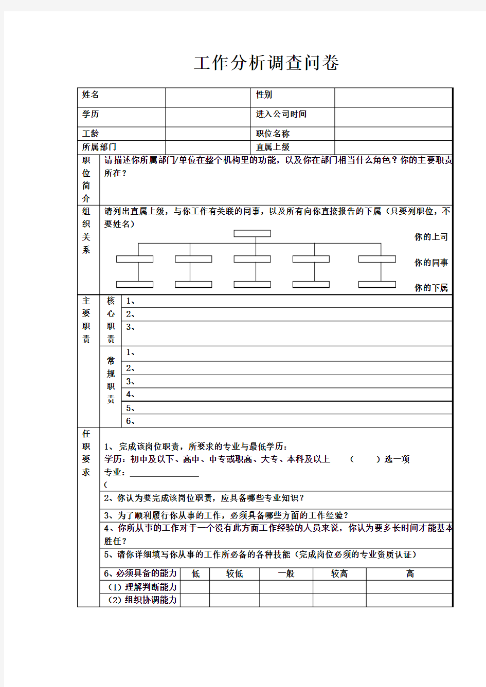 人力资源管理工作分析调查问卷