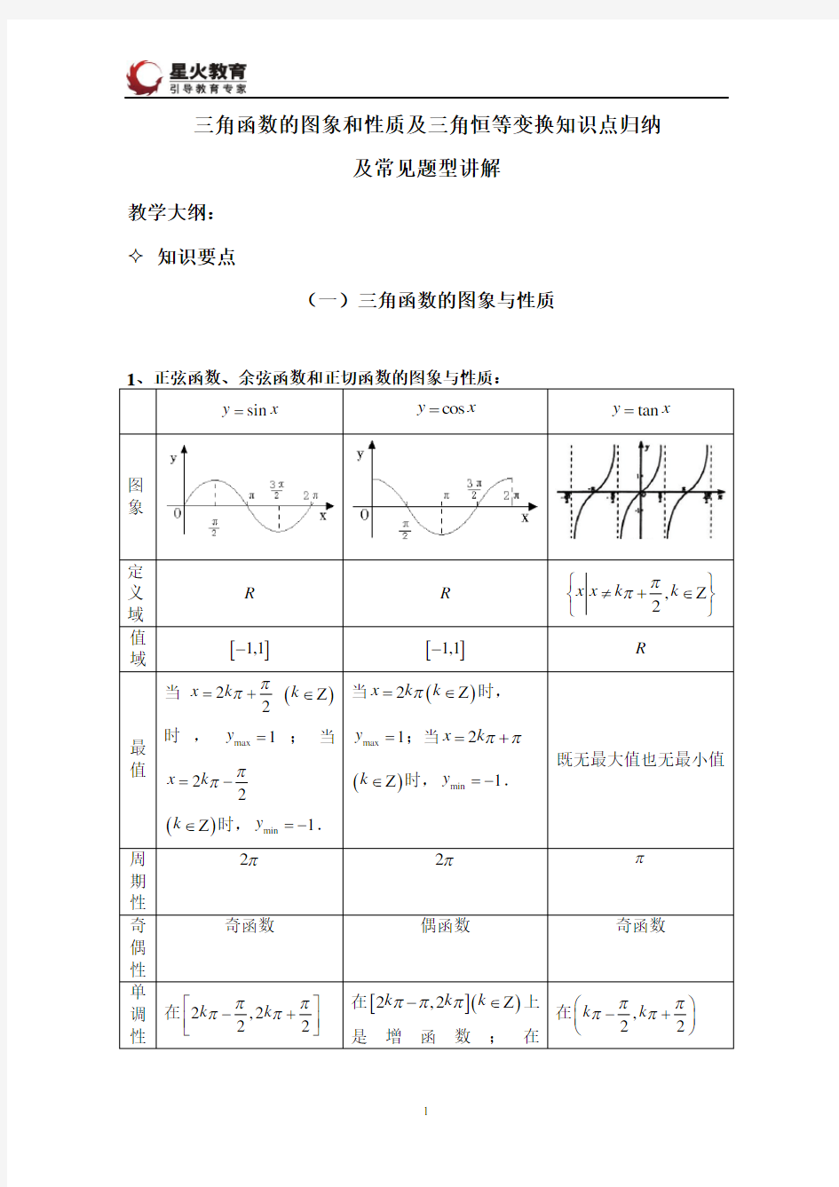 三角函数的图象和性质及三角恒等变换知识点归纳