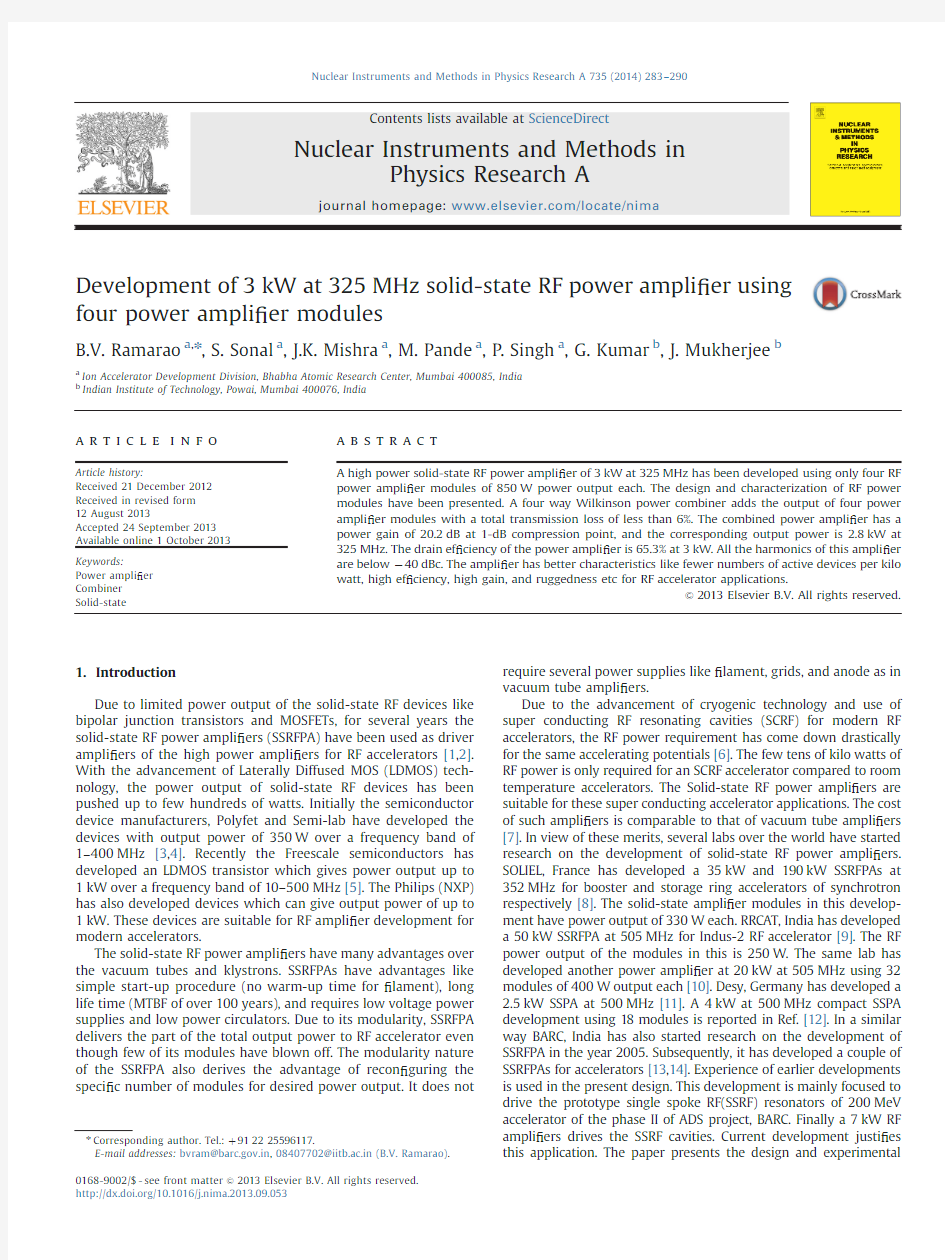 Development of 3 kW at 325 MHz solid-state RF power amplifier using four power amplifier modules