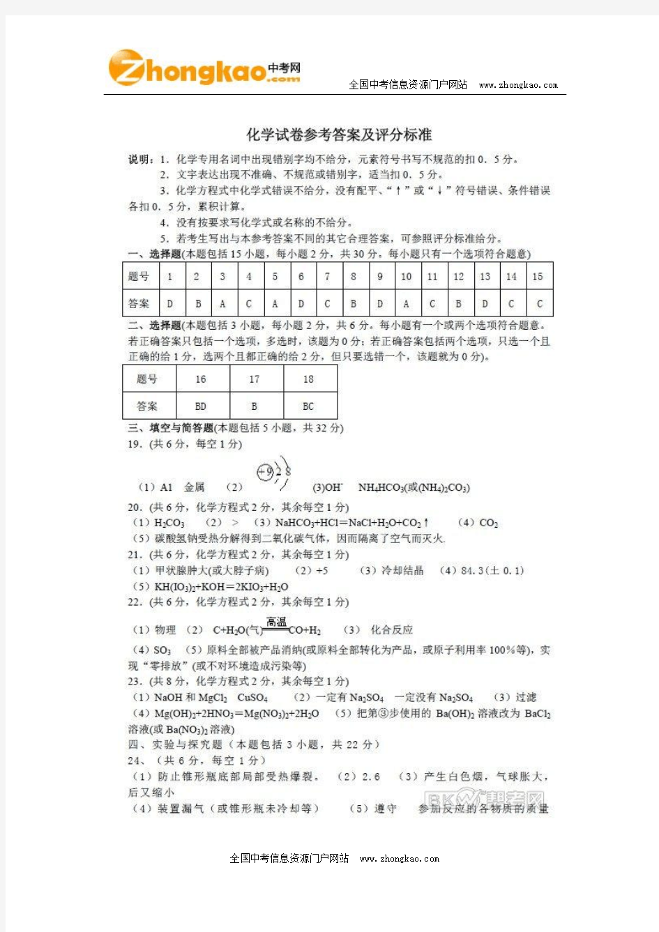 2014中考化学试题答案