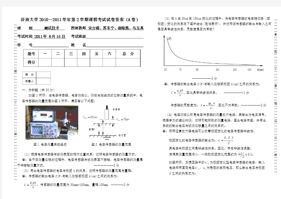 济南大学测试技术期末考试试题