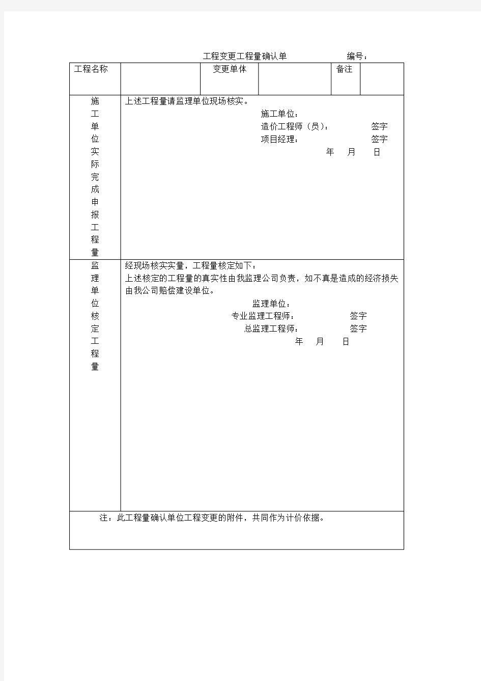 工程变更工程量确认单