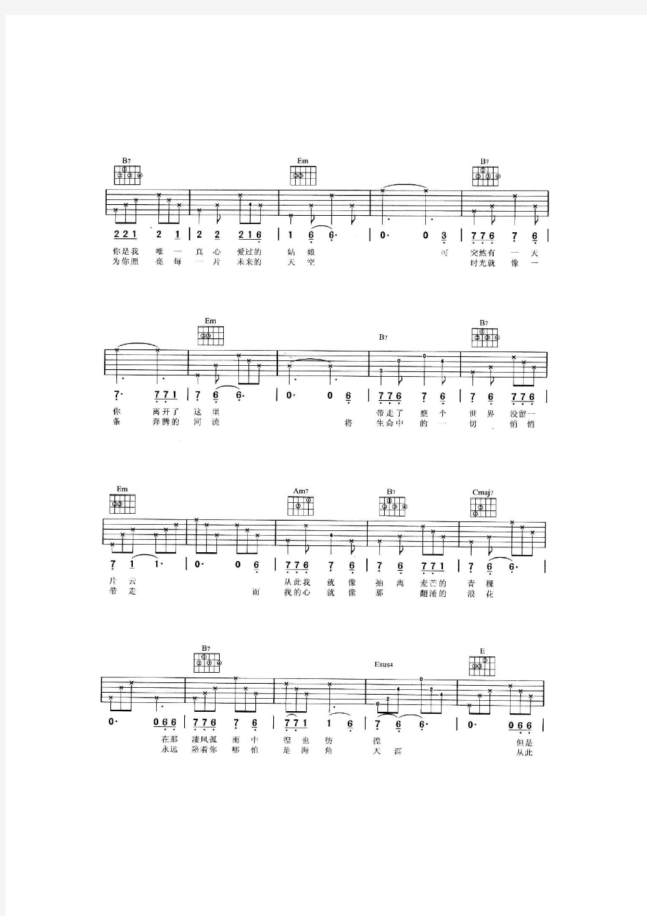 你是我心爱的姑娘 吉他谱 六线谱 弹唱独奏 带指法和弦 吉他乐谱.pdf