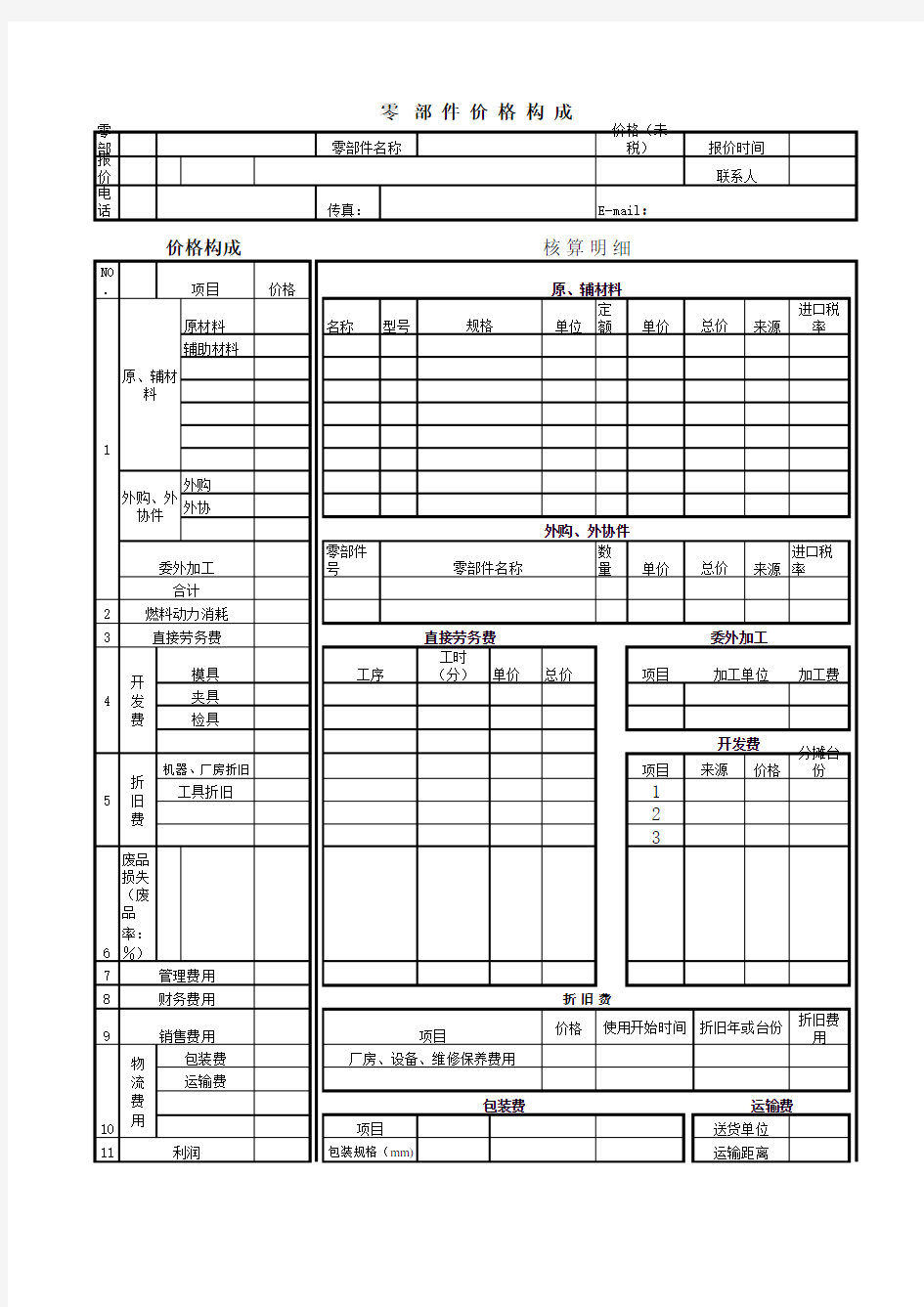 零部件成本构成表资料