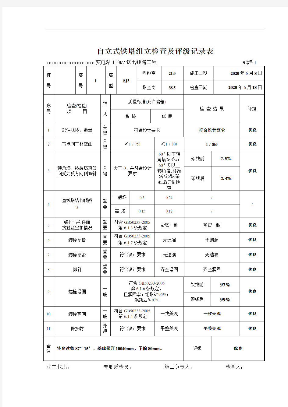 自立式铁塔组立检查及评级记录表