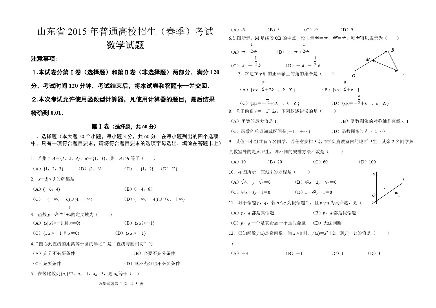 山东省2015年春季高考数学试题(版)(最新整理)