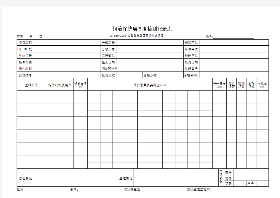 钢筋保护层厚度检测记录表