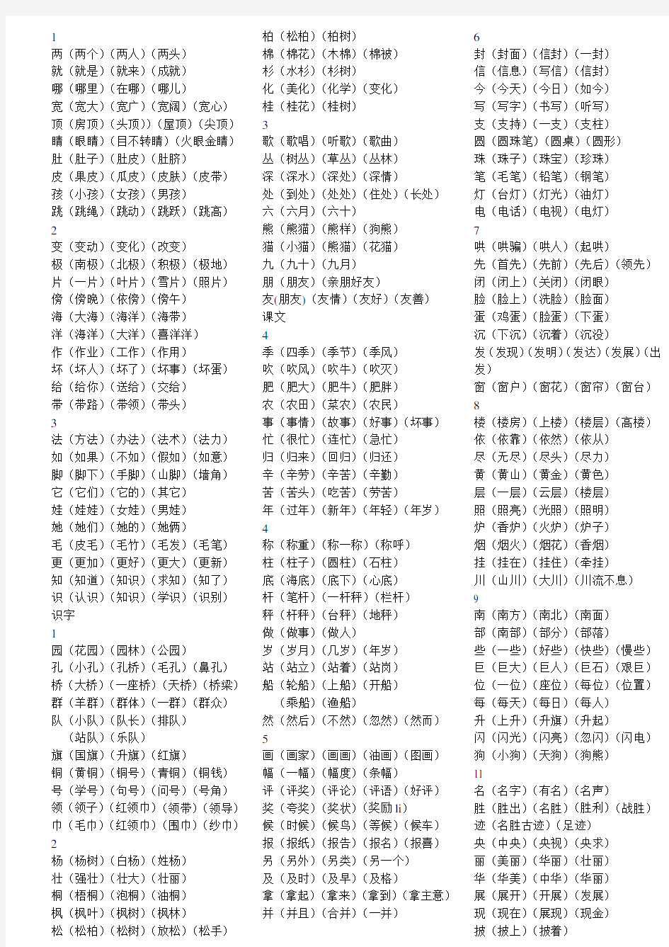 (完整)最新人教版二年级上册语文生字表组词