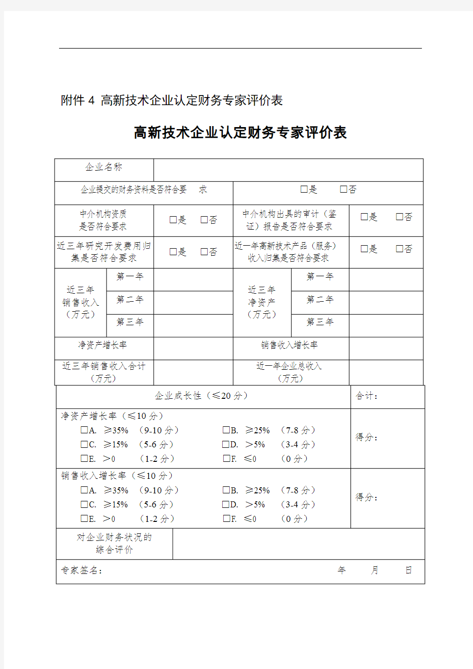 高新技术企业认定财务专家评价表(可编辑)