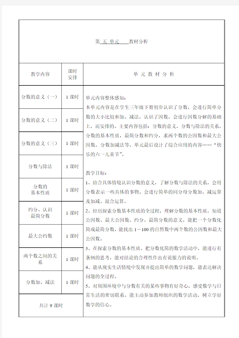 第五单元：分数的意义和性质