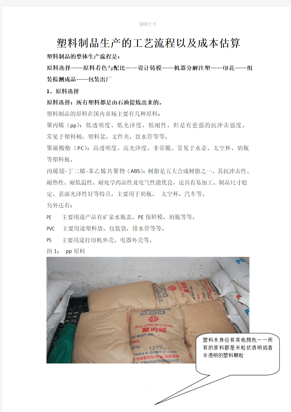 塑料制品生产的工艺流程以及成本估算