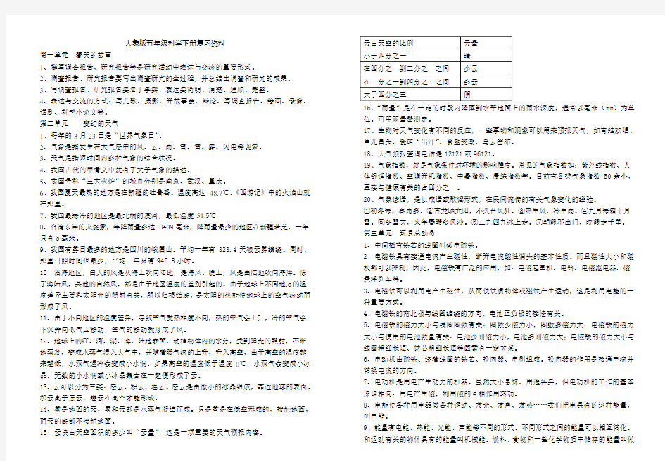 大象版五年级科学下册复习资料