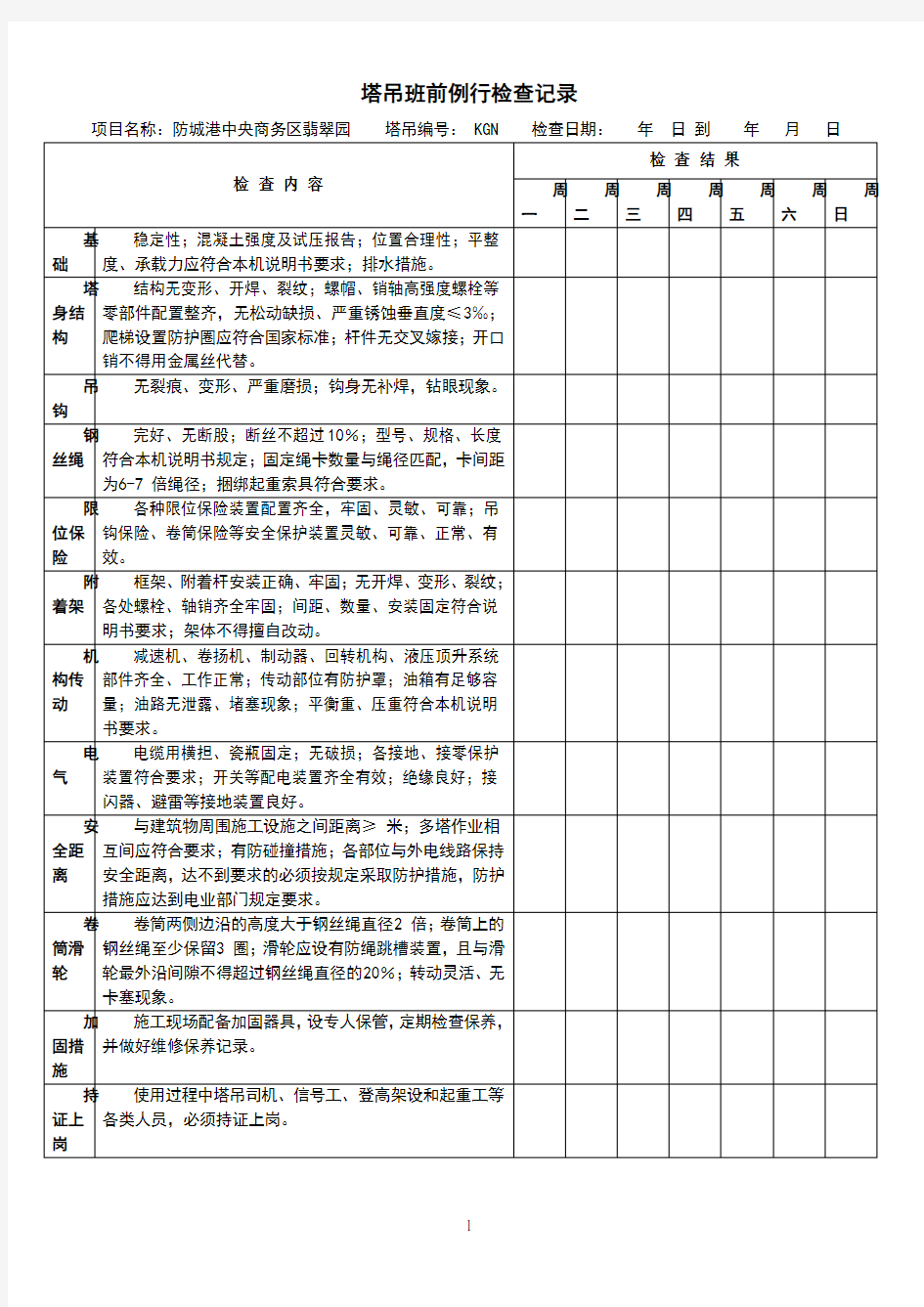 塔吊每日检查表