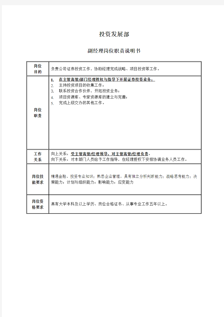 投资发展部最新经理岗位职责说明书(doc 5个)4