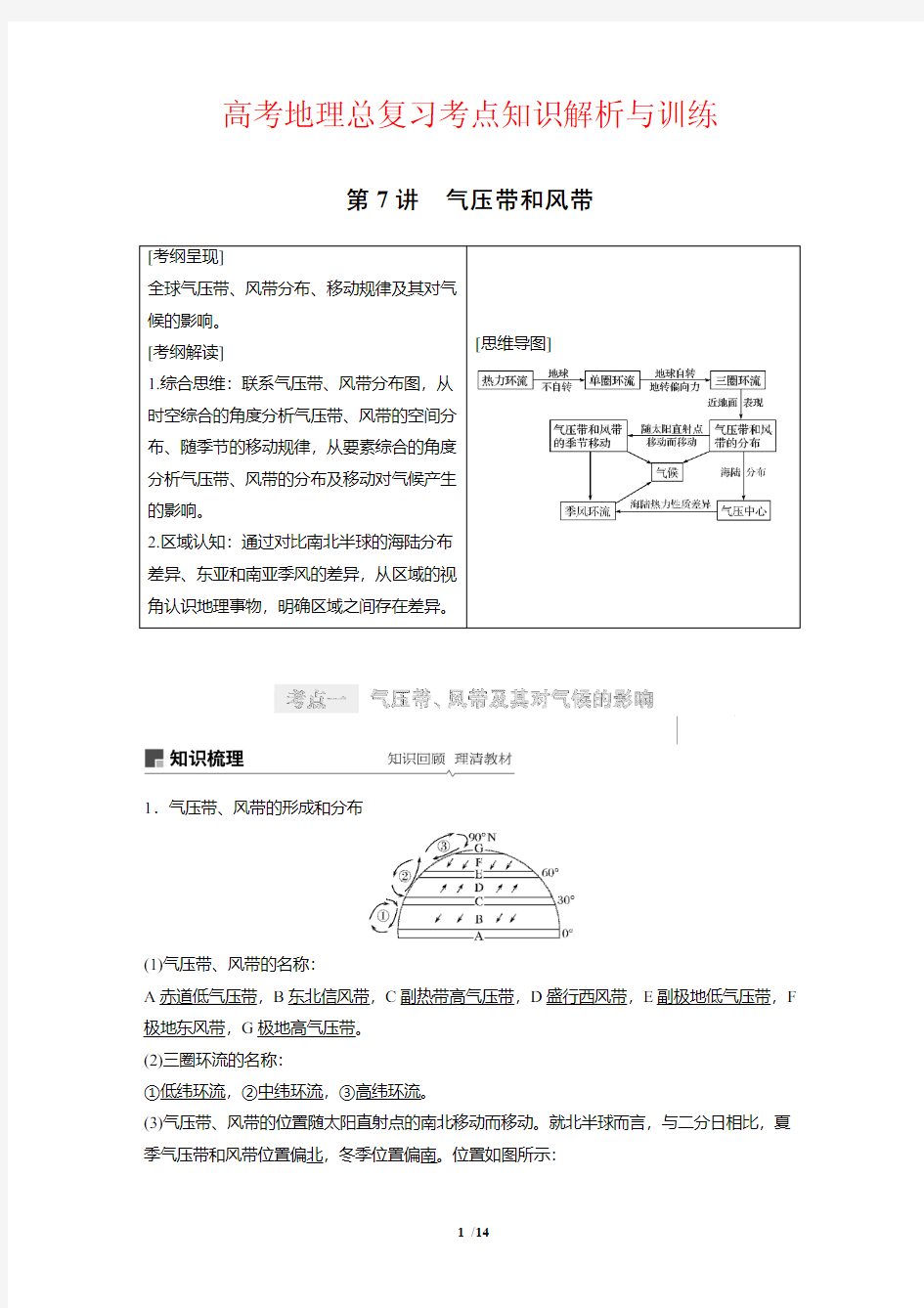 高考地理总复习考点知识解析与训练7---气压带和风带