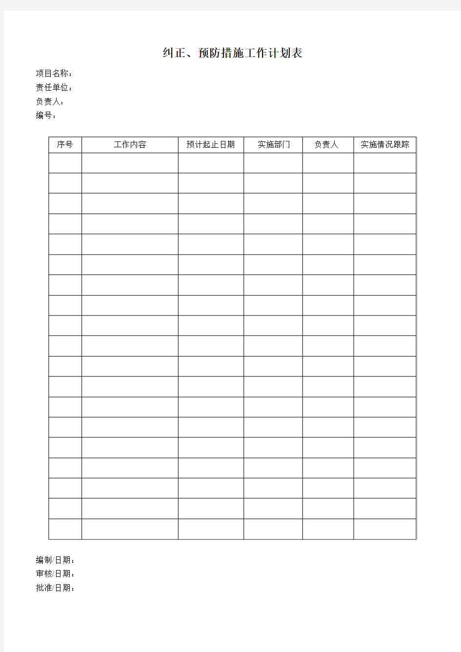 纠正、预防措施工作计划表