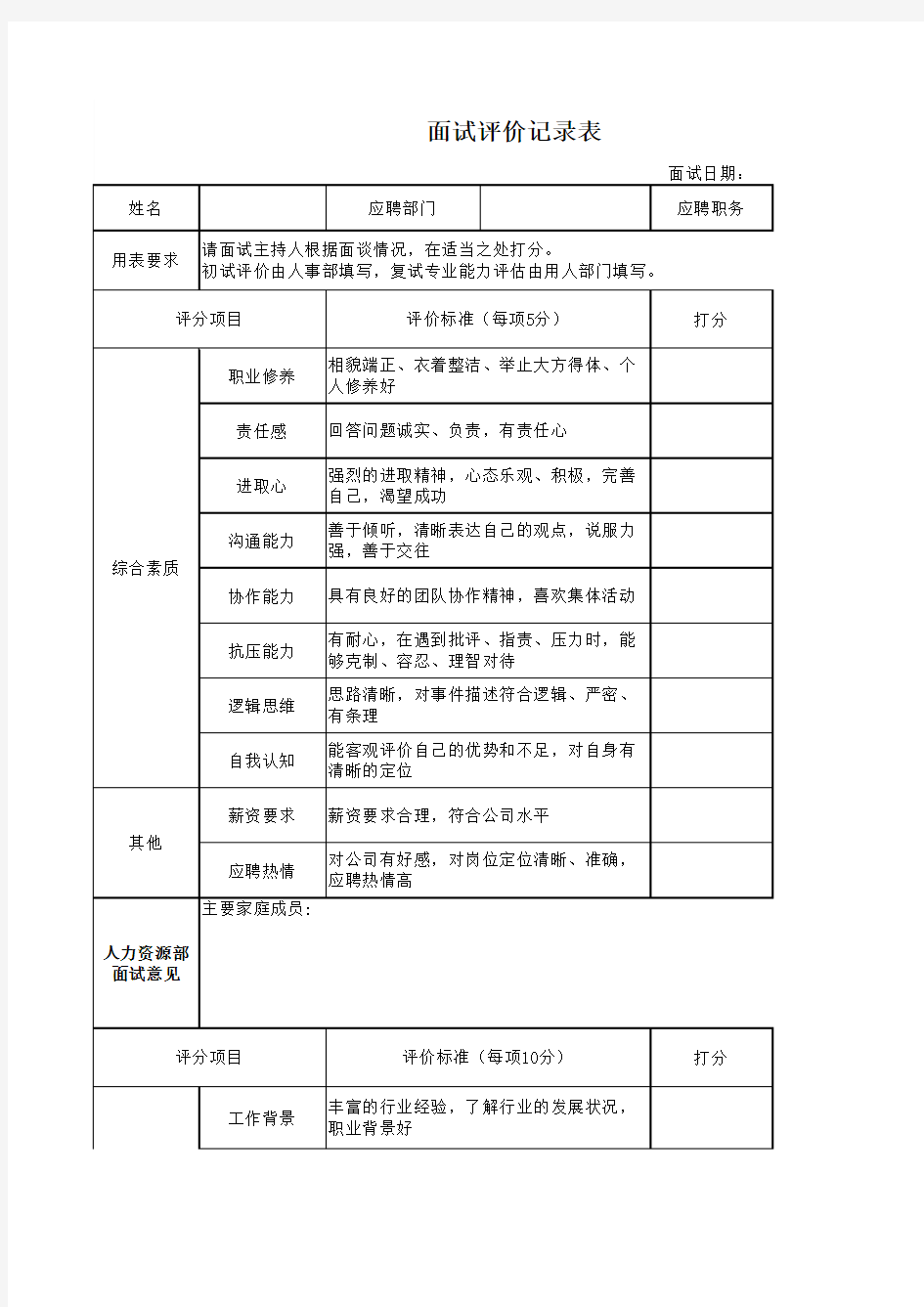 面试评价记录表